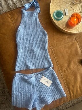 NWT Kapri Blue Textured Matching Set | XS Halter Top + Small Shorts | Resort